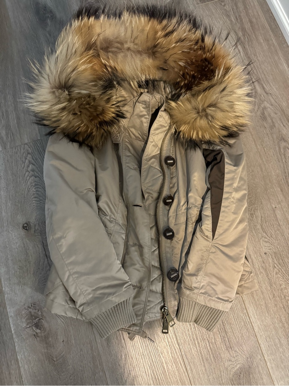 Burberry Tan Hooded Puffer Jacket with Fur-Trim